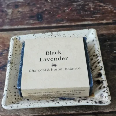 Black Lavender Soap Black Lavender activated charcoal soap on rustic soap dish