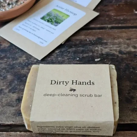 Dirty Hands soap styled with seeds and gardening supplies