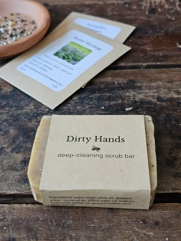 Dirty Hands soap styled with seeds and gardening supplies
