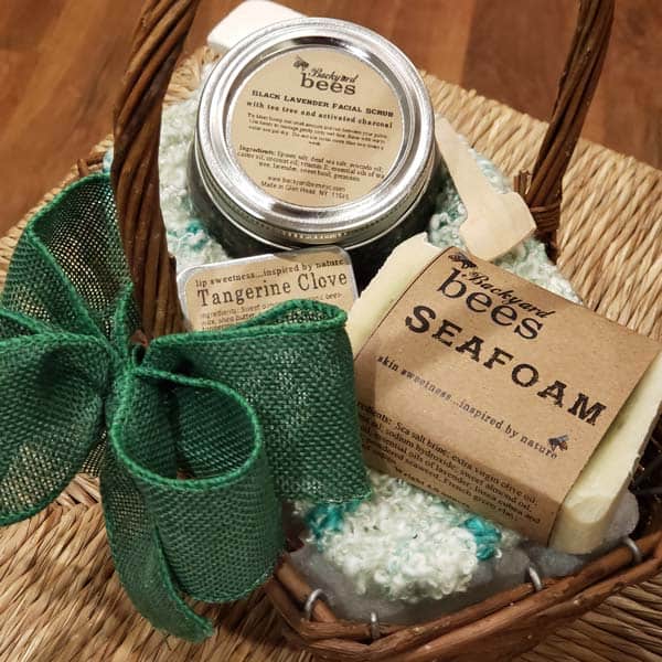 a basket with a jar and soap