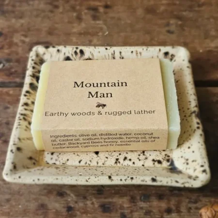 Mountain Man Mountain Man soap for men with earthy woods soap on ceramic dish