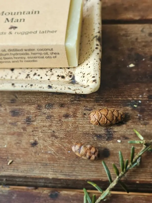 Close-up of Mountain Man soap with pale green tone