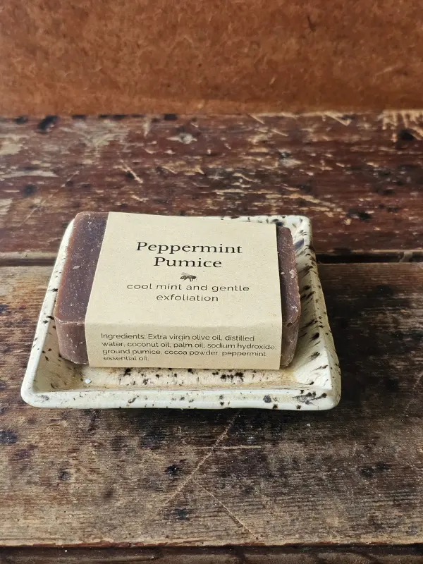 closeup of Peppermint Pumice soap by Backyard Bees