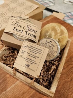 BEE SWEET FEET TREAT GIFT SET Bee Sweet Feet Treat — natural foot care set with honey loofah soap and beeswax foot balm from Backyard Bees.