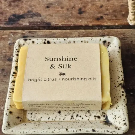 Sunshine Silk Soap Dish Sunshine and Silk citrus body soap on ceramic dish
