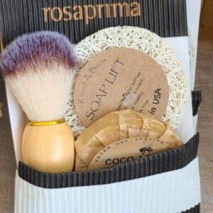 Men's wet shave set with shave soap, shave brush, and soap lift