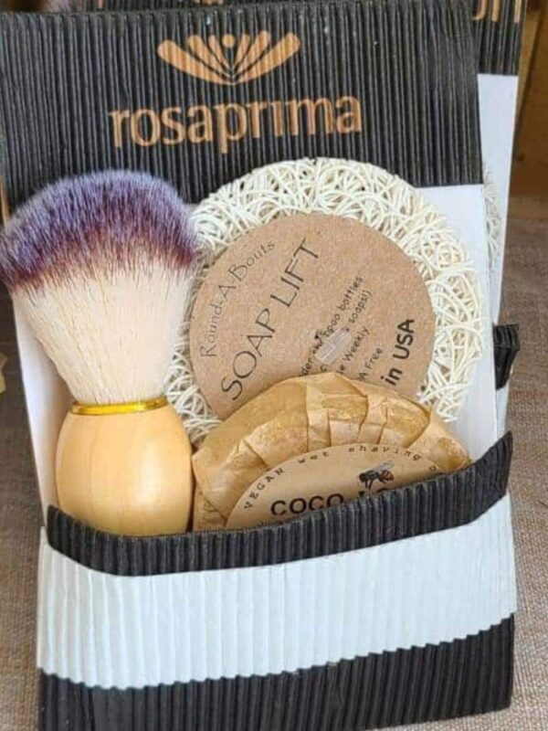 Men's wet shave set with shave soap, shave brush, and soap lift