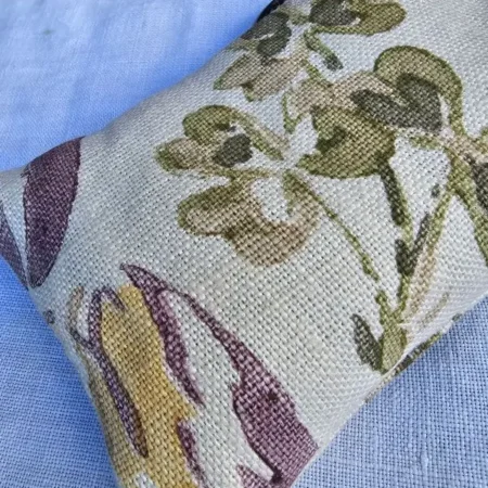 Bee-Calm-Fabric-Closeup Close-up texture of salvaged floral linen fabric used for Backyard Bees lavender eye pillow cover.