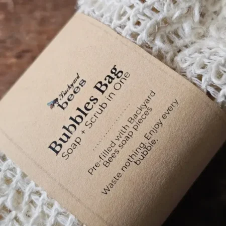 close up of Bubbles Bag label and texture of sisal soap saver bag