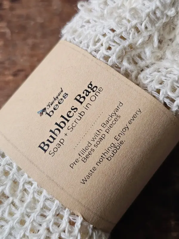close up of Bubbles Bag label and texture of sisal soap saver bag