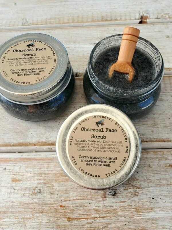 charcoal scrub in mason jar with lid open