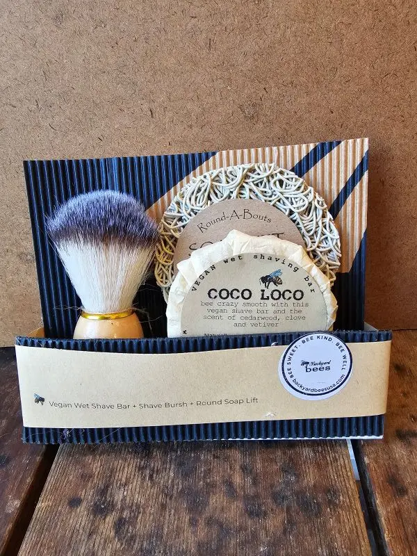 Coco-Loco-Set Gift-ready Coco Loco vegan wet shave set with shave brush, soap lift, and cedarwood vetiver shave bar in eco-friendly corrugated packaging.