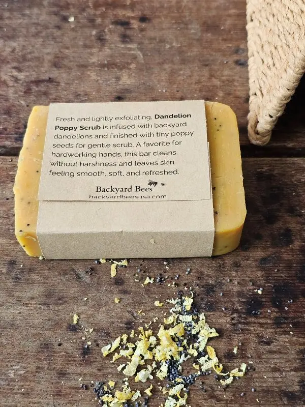 Dandelion Poppy Back Label Back label of dandelion poppy scrub handmade soap