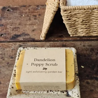 Dandelion Poppy Soap Dish Dandelion poppy scrub soap styled with natural textures