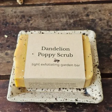 Dandelion Poppy Solo Dandelion Poppy Scrub natural vegan soap on ceramic dish
