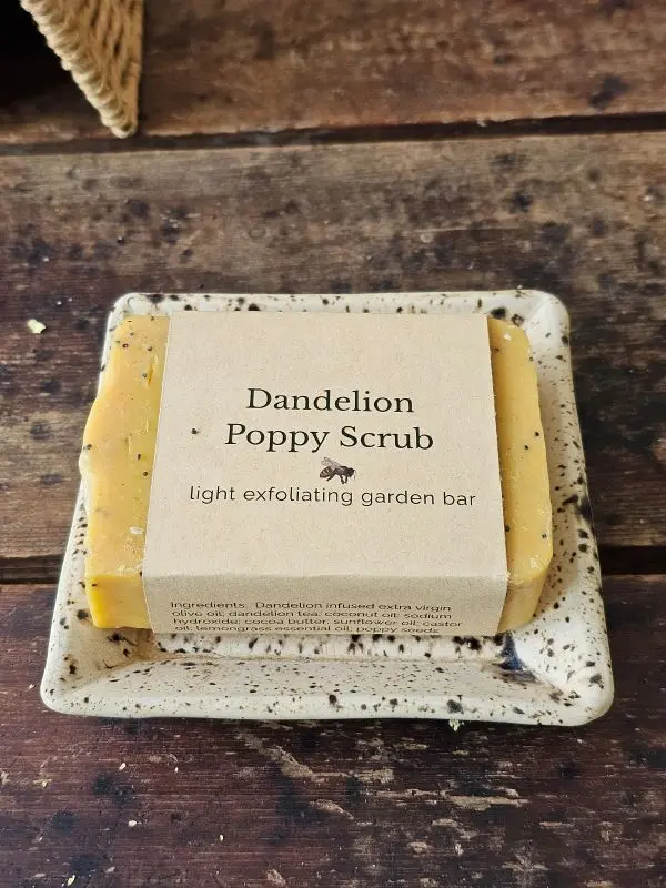 Dandelion Poppy Solo Dandelion Poppy Scrub natural vegan soap on ceramic dish