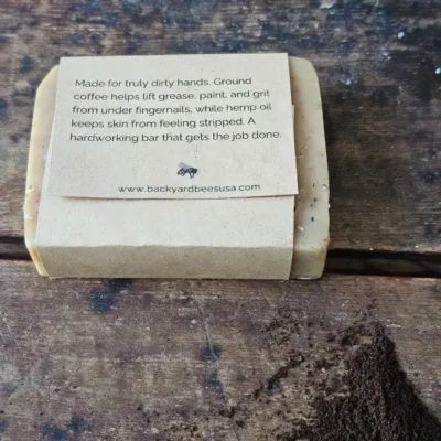 Dirty Hands Scrub soap back label view on rustic table