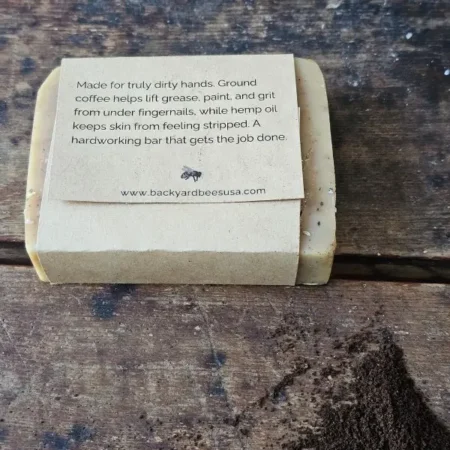 Dirty Hands Scrub soap back label view on rustic table