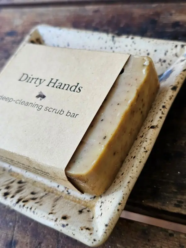Side view close-up of Dirty Hands Scrub Soap for gardeners and mechanics