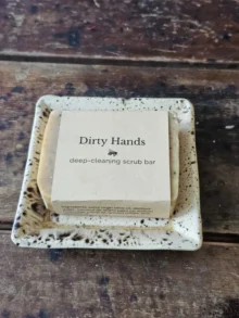 Dirty Hands scrub soap on soap dish