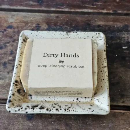 Dirty Hands scrub soap on soap dish