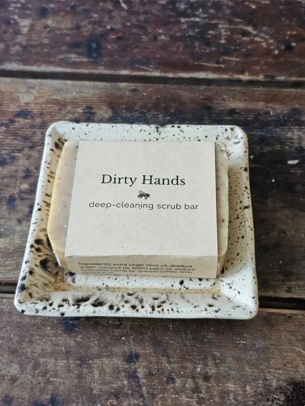 Dirty Hands scrub soap on soap dish