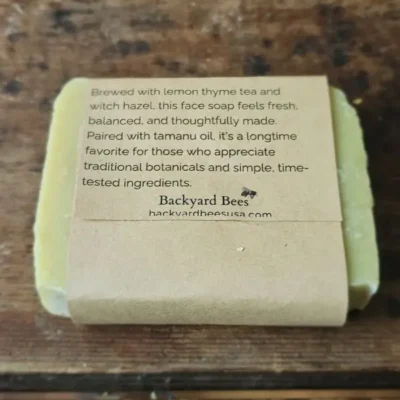 back label of Face Thyme, herbal facial soap with witch hazel and honey