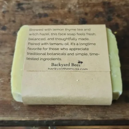 back label of Face Thyme, herbal facial soap with witch hazel and honey