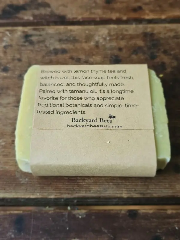 back label of Face Thyme, herbal facial soap with witch hazel and honey