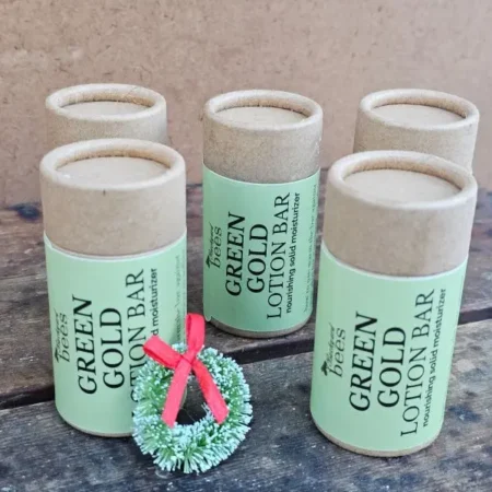 Green-Gold-Lotion-Bar-Holiday Green Gold Lotion Bars with bottle brush wreath for gentle gifting idea