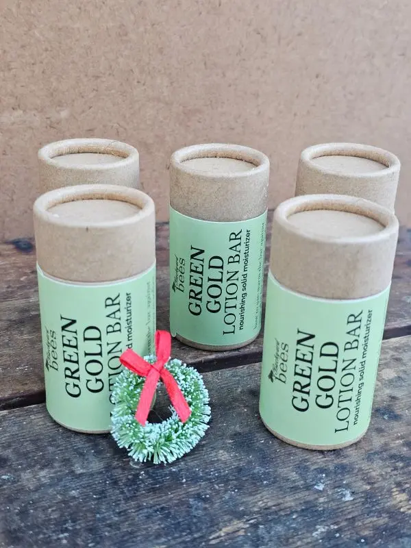 Green-Gold-Lotion-Bar-Holiday Green Gold Lotion Bars with bottle brush wreath for gentle gifting idea