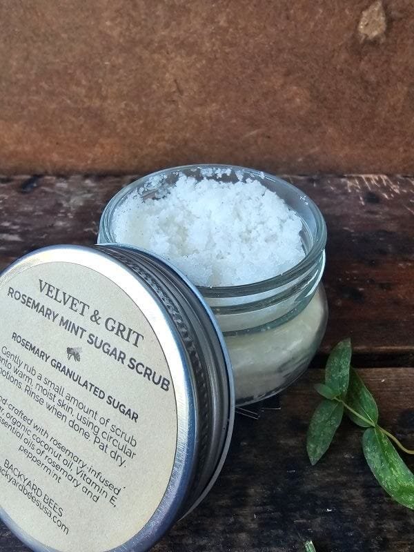 Rosemary Mint Sugar Scrub, part of the Velvet & Grit line, open jar to show sugared texture