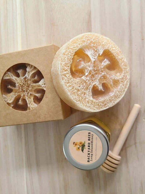 loofah foot soap outside of kraft cardboard box with small jar of honey