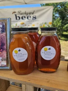 3 glass jars of raw honey by Backyard bees