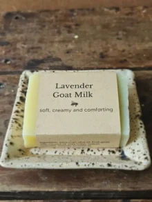 Lavender Goat Milk soap on rustic soap dish by Backyard Bees