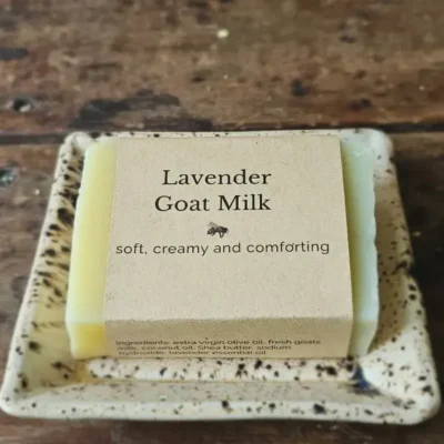 Lavender Goat Milk soap on rustic soap dish by Backyard Bees