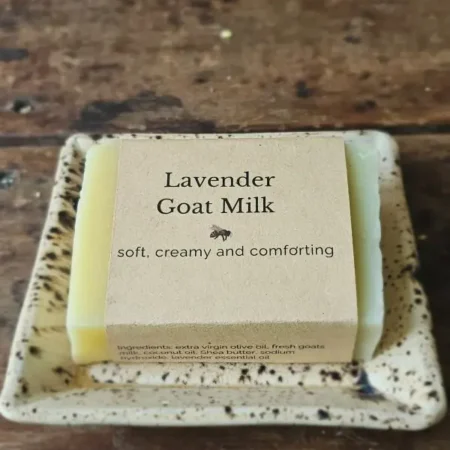 Lavender Goat Milk soap on rustic soap dish by Backyard Bees
