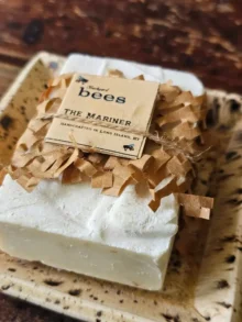 The Mariner salt water soap bar by Backyard Bees on rustic soap dish