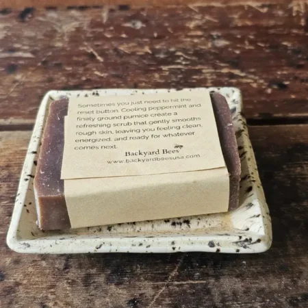 back label of peppermint pumice soap by Backyard Bees