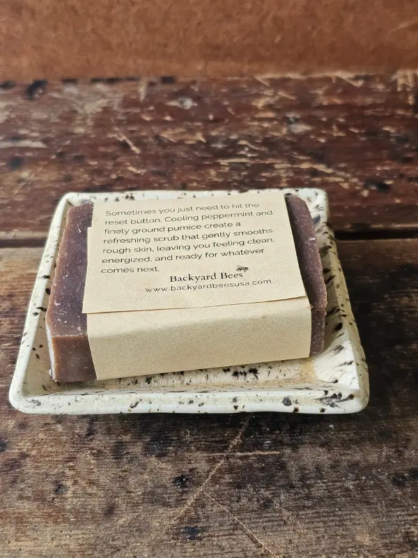 back label of peppermint pumice soap by Backyard Bees