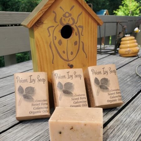 Poison Ivy Bars 3 bars of poison ivy soap leaning again a yellow bird house