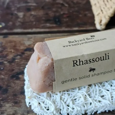 Rhassouil Shampoo On Soap Life Close up of Rhassouli shampoo bar on white soap lift