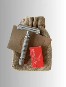 safety razor and blade replacements on burlap drawstring carry bag