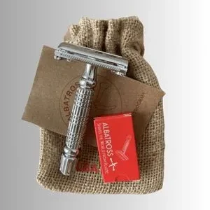 safety razor and blade replacements on burlap drawstring carry bag