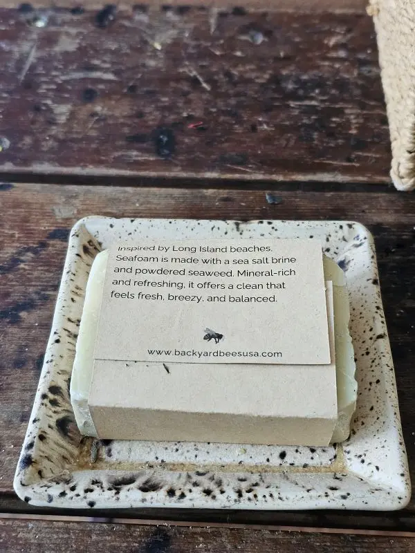 Seafoam Back Of Label Back label of Seafoam mineral bar on soap dish