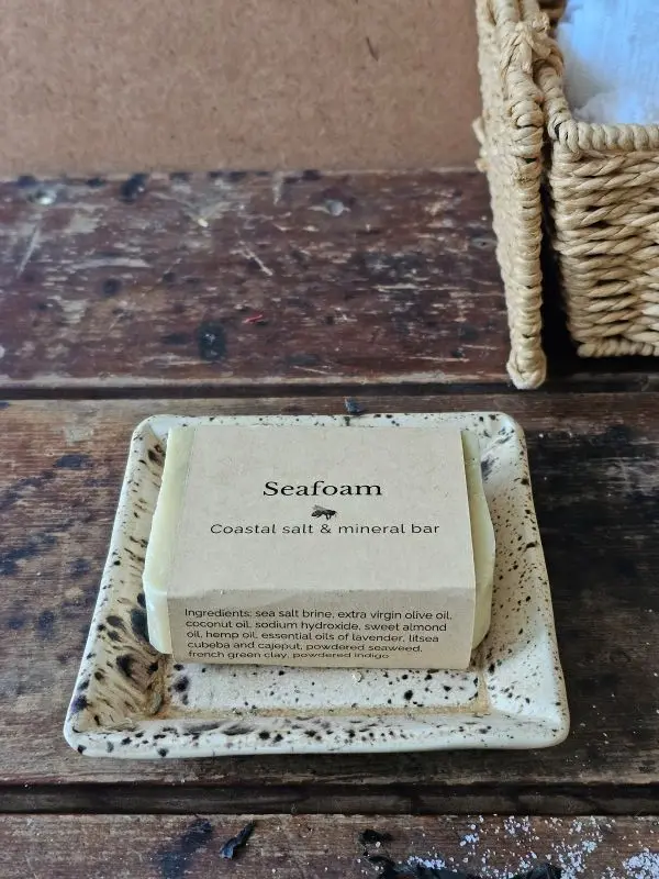 Seafoam On Rustic Dish Seafoam seaweed soap styled with rustic textiles