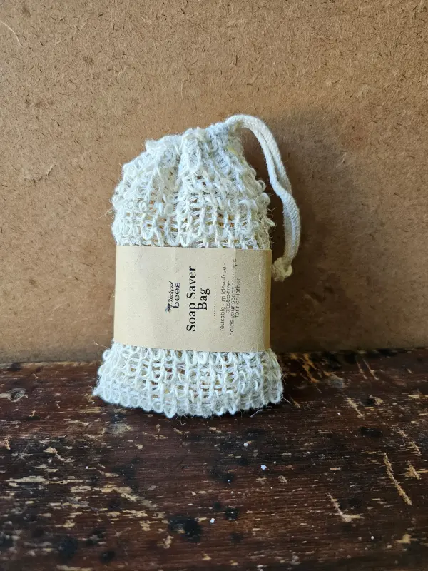 Sisal soap saver bag, prefilled with natural soap shreds by Backyard Bees