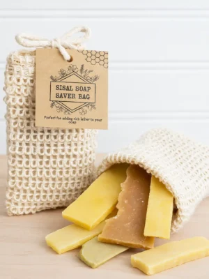 sisal soap saver bag opened Eco-friendly sisal soap saver bag is pre-filled with Backyard Bees Soap shreads