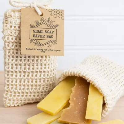 Eco-friendly sisal soap saver bag is pre-filled with Backyard Bees Soap shreads