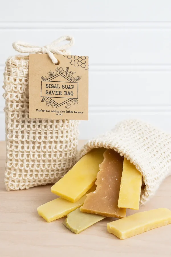 Sisal Soap Saver Bag Opened Eco-friendly sisal soap saver bag is pre-filled with Backyard Bees Soap shreads